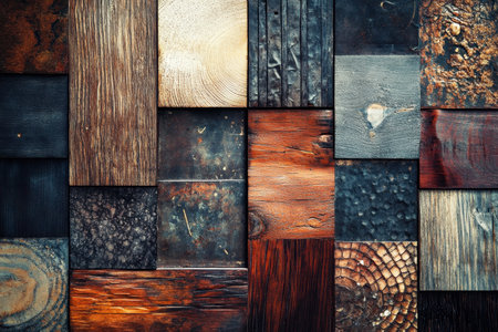 A close-up image of a wall adorned with a mosaic of rustic wood and metal panels, featuring varying textures and colors, creating a visually interesting and textural backdrop.の素材
