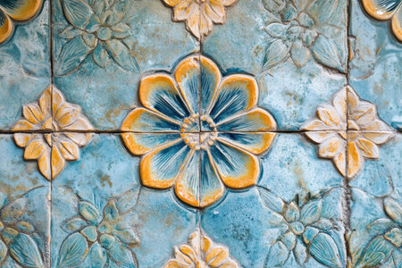 A close-up image of a blue and yellow flower pattern on a ceramic tile.の素材