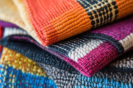 A close-up image showcasing the intricate details of several colorful woven rugs stacked on top of each other.の素材