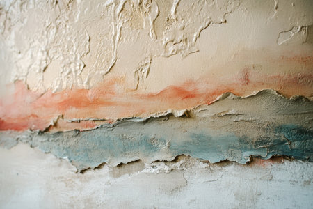 A close-up of a textured abstract wall art piece with layers of orange, blue, and white paint.の素材