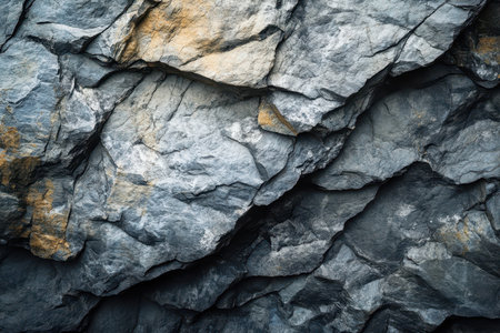 A detailed close-up of a dark grey rock face, showcasing its rough texture, uneven surface, and natural layering.の素材