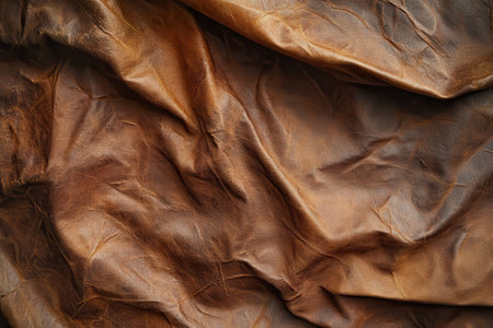 A close-up shot of wrinkled brown leather with a subtle shimmer, highlighting its texture and natural beauty.の素材