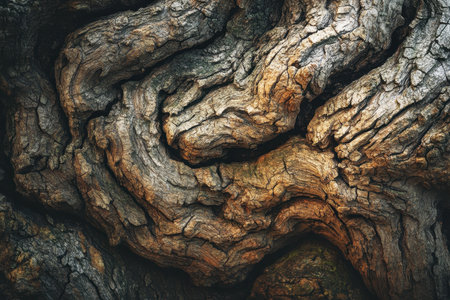 A close-up photograph of a tree&#39;s bark, revealing intricate details of its textured surface and deep crevices.の素材