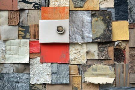 A close-up view of a wall composed of various materials and textures, featuring diverse shades of color and a unique, eclectic pattern.の素材