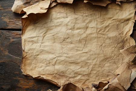 A close-up of a crumpled piece of parchment paper on a wooden surface.の素材