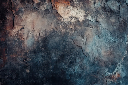 A close-up view of a weathered, textured stone surface with a dark blue, gray, and brown color scheme.の素材