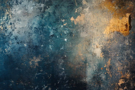 A close-up view of a textured surface displaying a blend of blue, gold, and gray tones, creating an abstract and weathered aesthetic.の素材