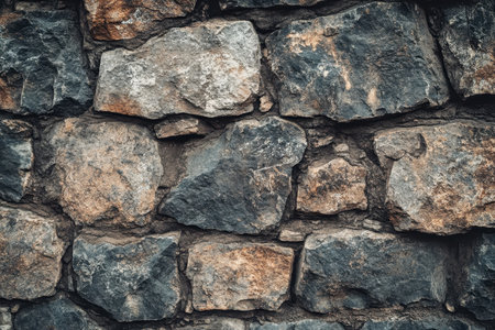 A close-up view of a stone wall, showcasing the rough texture and irregular shapes of the stones.の素材