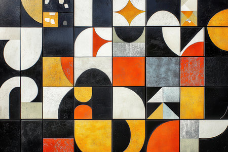 A close-up of a wall covered with abstract geometric tiles in black, white, orange, and yellow.の素材