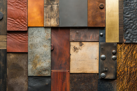 An abstract composition of different materials, including leather, wood, and metal, creating a textured and visually interesting background.の素材