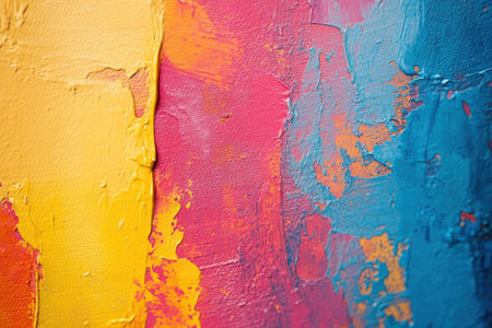 An abstract oil painting showcasing a vibrant interplay of yellow, red, and blue colors, emphasizing texture and brushstrokes.の素材