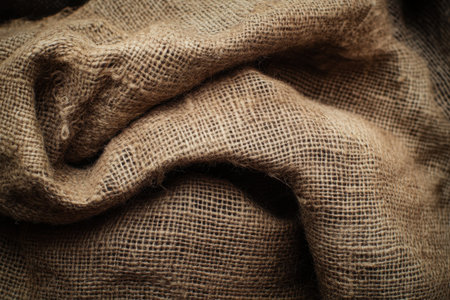 A close-up view of the textured weave of brown burlap fabric.の素材