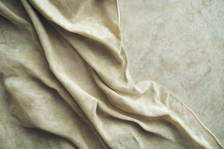A close-up photograph of beige fabric draped on a textured surface, showcasing the fabric&#39;s soft, flowing folds and the subtle patterns of the surface.の素材