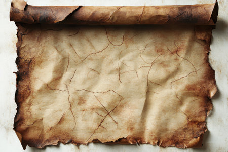 A close-up of an old, rolled-up parchment with a worn and cracked surface, suitable for background or texture use.の素材