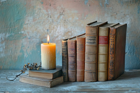 A lit candle rests on a stack of antique books against a rustic background.の素材