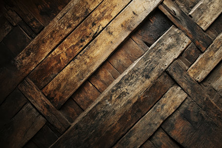 A close-up of a weathered wood surface with diagonal planks forming a pattern.の素材