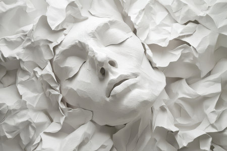 A white paper sculpture of a face with closed eyes, appearing calm and serene within a textured, crumpled, white paper landscape.の素材