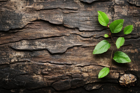 The image showcases green leaves growing on the rough bark of a tree, creating a contrast between the smooth leaves and the textured bark.の素材