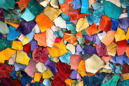 A close-up image of a colorful mosaic wall made of irregularly shaped tiles, showcasing a vibrant and textured abstract pattern.の素材