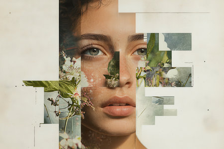 A close-up portrait of a woman&#39;s face, partially obscured by a collage of flowers and leaves, creating a dreamlike and ethereal aesthetic.の素材