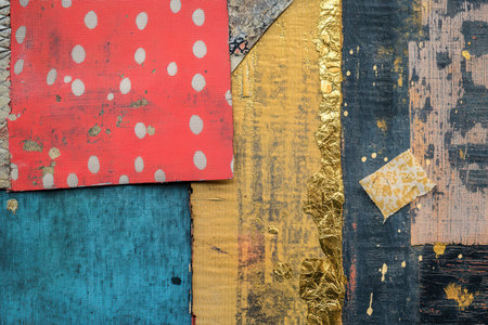 A close-up abstract collage featuring a variety of textures in red, blue, gold, and black.の素材
