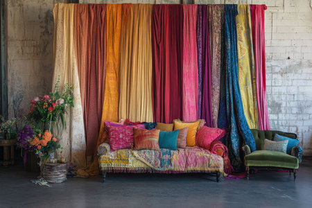 A bohemian-style living room featuring a colorful array of drapes, a vintage velvet sofa, and an armchair, adorned with floral accents.の素材