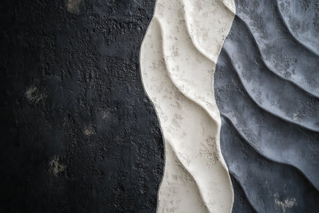A close-up of a textured surface with three curved shapes in black, white, and gray.の素材