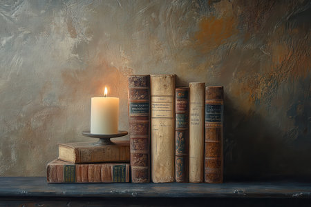 A single lit candle illuminates a row of antique books resting on a wooden shelf against a textured wall.の素材