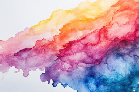 A vibrant watercolor abstract with yellow, orange, red, purple, and blue hues on a white background.の素材