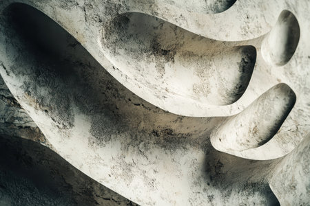 A close-up view of a white and grey abstract sculpture with a textured surface and curved shapes.の素材