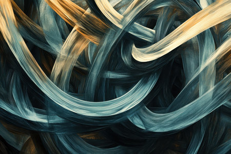 An abstract digital illustration featuring a complex network of intertwined, curved lines in shades of teal and gold.の素材