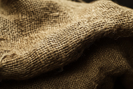 A close-up image of a rough brown burlap fabric, showcasing its texture and weave.の素材