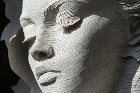 A close-up of a sculpture of a human face made from folded pages of a book.の素材