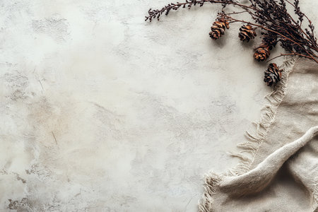 A rustic white background with dried branches, pine cones, and a beige fabric draped in the corner.の素材