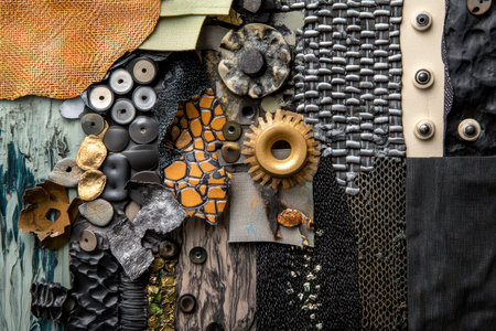 A close-up of a contemporary abstract art piece composed of different materials and textures.の素材