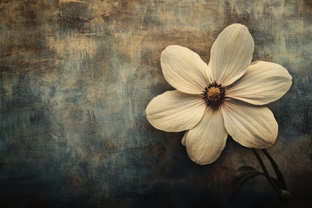 A single white flower with delicate petals is placed against a rustic background of brown, blue, and beige hues.の素材