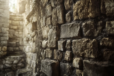 The image showcases a close-up view of a weathered stone wall, emphasizing its rough texture and the interplay of light and shadow.の素材