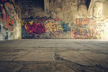 A concrete wall covered in colorful graffiti, with an empty, concrete floor in an abandoned building.の素材