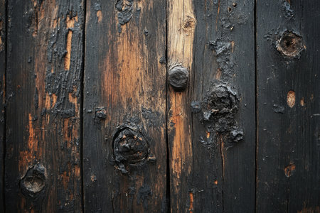 A close-up image of a section of wooden planks that are charred and weathered. The wood has a dark, rustic appearance with visible knots and grain.の素材