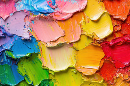 A close-up of a colorful abstract oil painting featuring thick, textured strokes and vibrant hues.の素材