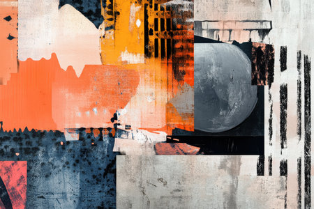 An abstract collage artwork featuring various shapes and textures in orange, grey, and black hues.の素材