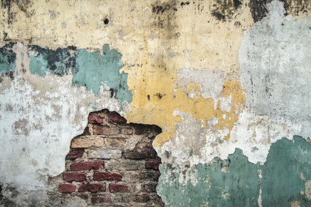A weathered brick wall with peeling paint and patches of different colors, creating a textured and distressed backdrop.の素材