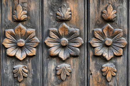 A close-up view of a weathered wooden door with three intricately carved floral designs.の素材