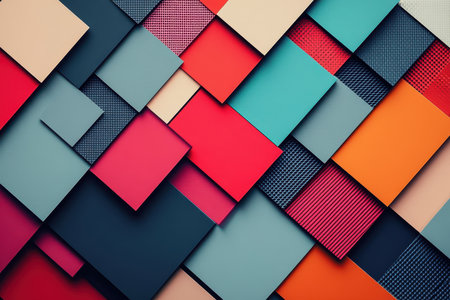 A close-up image showcasing a dynamic abstract pattern formed by overlapping squares and rectangles in various vibrant colors and textures.の素材
