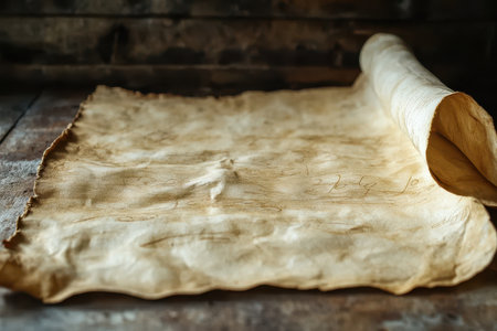 A close-up image of an aged parchment scroll unfurled on a wooden surface.の素材
