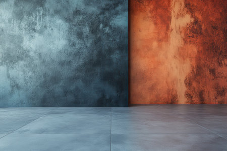 An empty room with a teal wall, an orange wall, and a tiled floor, providing a blank canvas for design and showcasing.の素材