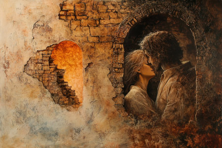 A painting depicting a couple embracing and kissing in an ancient stone archway.の素材