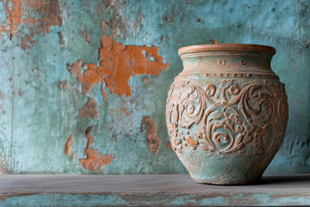 A vintage clay pot with an ornate design sits on a wooden shelf against a weathered green and orange wall.の素材