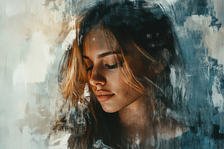 An abstract portrait of a woman with closed eyes, with a textured background of brushstrokes in blue, gray, and white.の素材