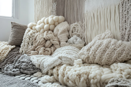 A close-up of a pile of white and grey knitted blankets and pillows, showcasing the textures and coziness of the material.の素材